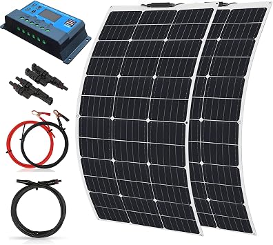 Flexible Solar Panel 200W Solar kit 2pcs 100W Fiberglass Monocrystalline Lightweight Module for Off-Grid RV Boat Van Cabin Uneven Surfaces 12V Battery Charge 200W Solar Panel