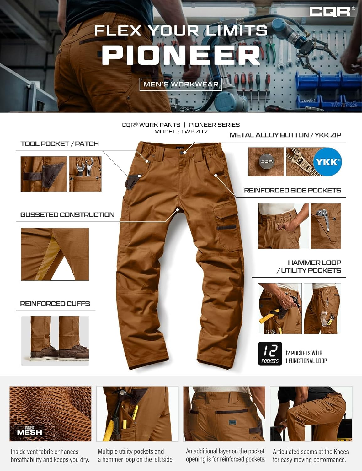 CQR Men's Quick Dry Work Pants, Water Resistant Outdoor Tactical Pants, Lightweight Stretch Cargo Hiking Pants - Image 8