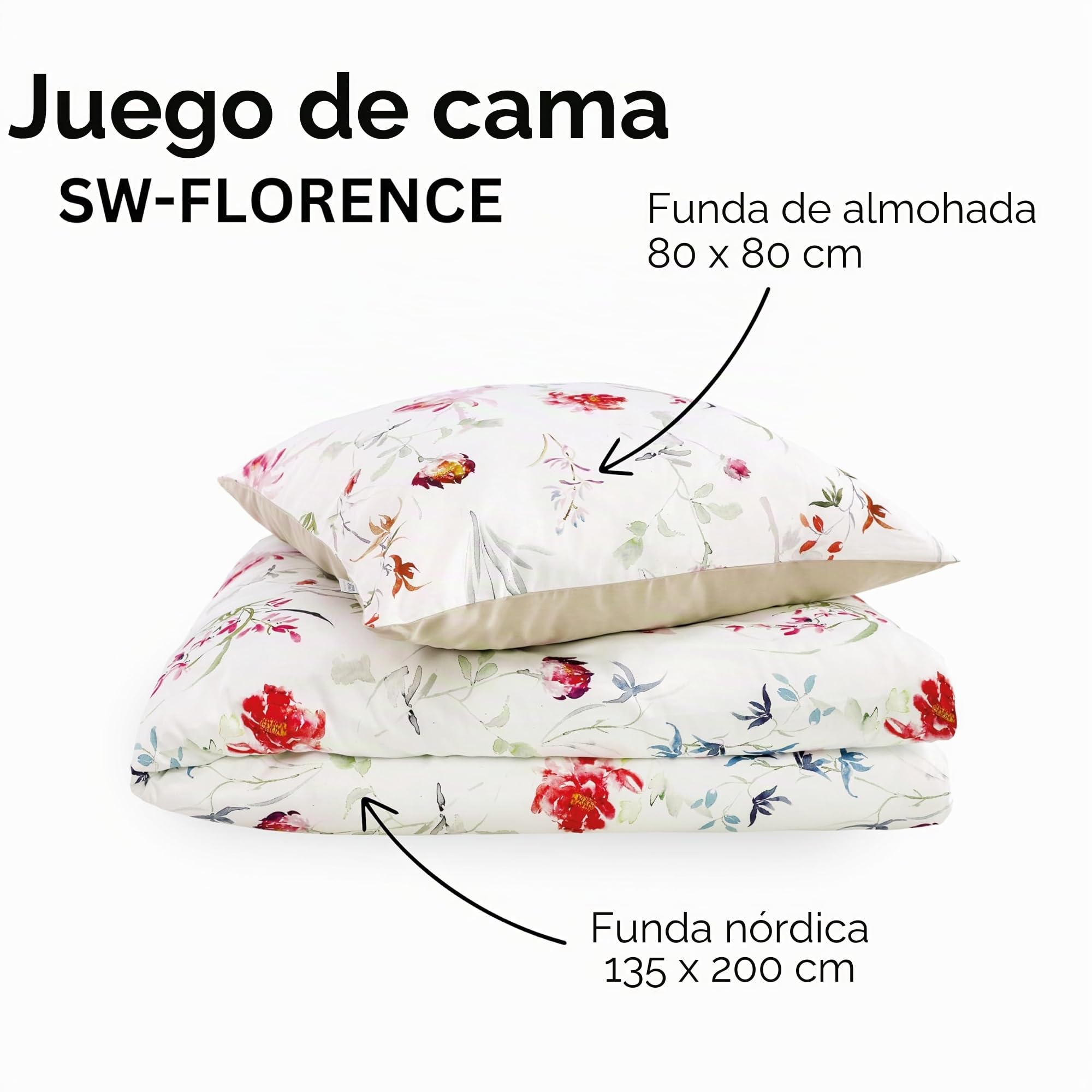 SCHÖNER WOHNEN Juego de sábanas de satén 135x200 algodón flores motivo primavera - Juego de ropa de cama de lujo 2 piezas blanco/beige - transpirable - 1x funda de edredón y 1x funda de almohada