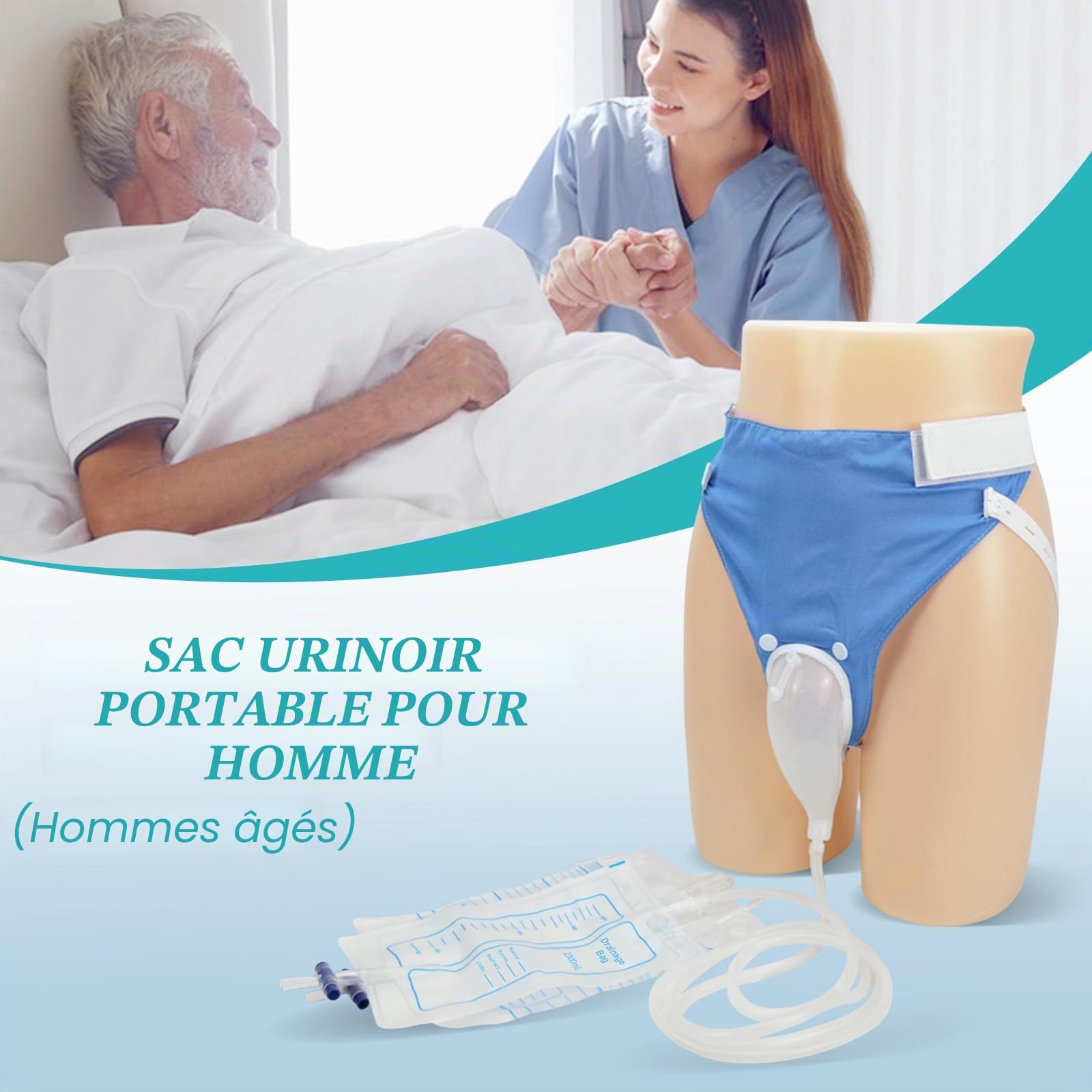 Sac de collecte d'urine pour homme - Réutilisable et portable - Drainage urinaire avec 2 systèmes de sacs de cathéter d'urine (bleu-personnes âgées)