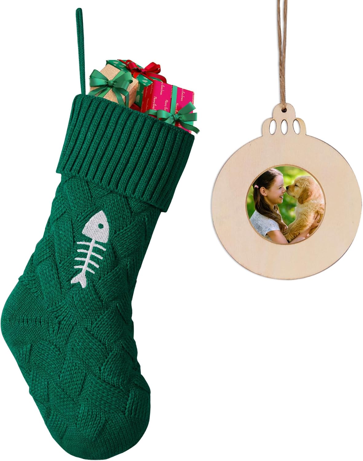 Mostop Knit Christmas Stocking, Large Green Stocking with Fish Bone Embroidery Xmas Hanging Stocking for Cat Pet Home Decorations Party Favor Supplies