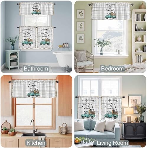 Miniatura 7 de Juego de cenefas y niveles de cortina de cocina, camión azul con bolsillo para barra de perro, juego de 3 piezas de cortina de ventana de grano de
