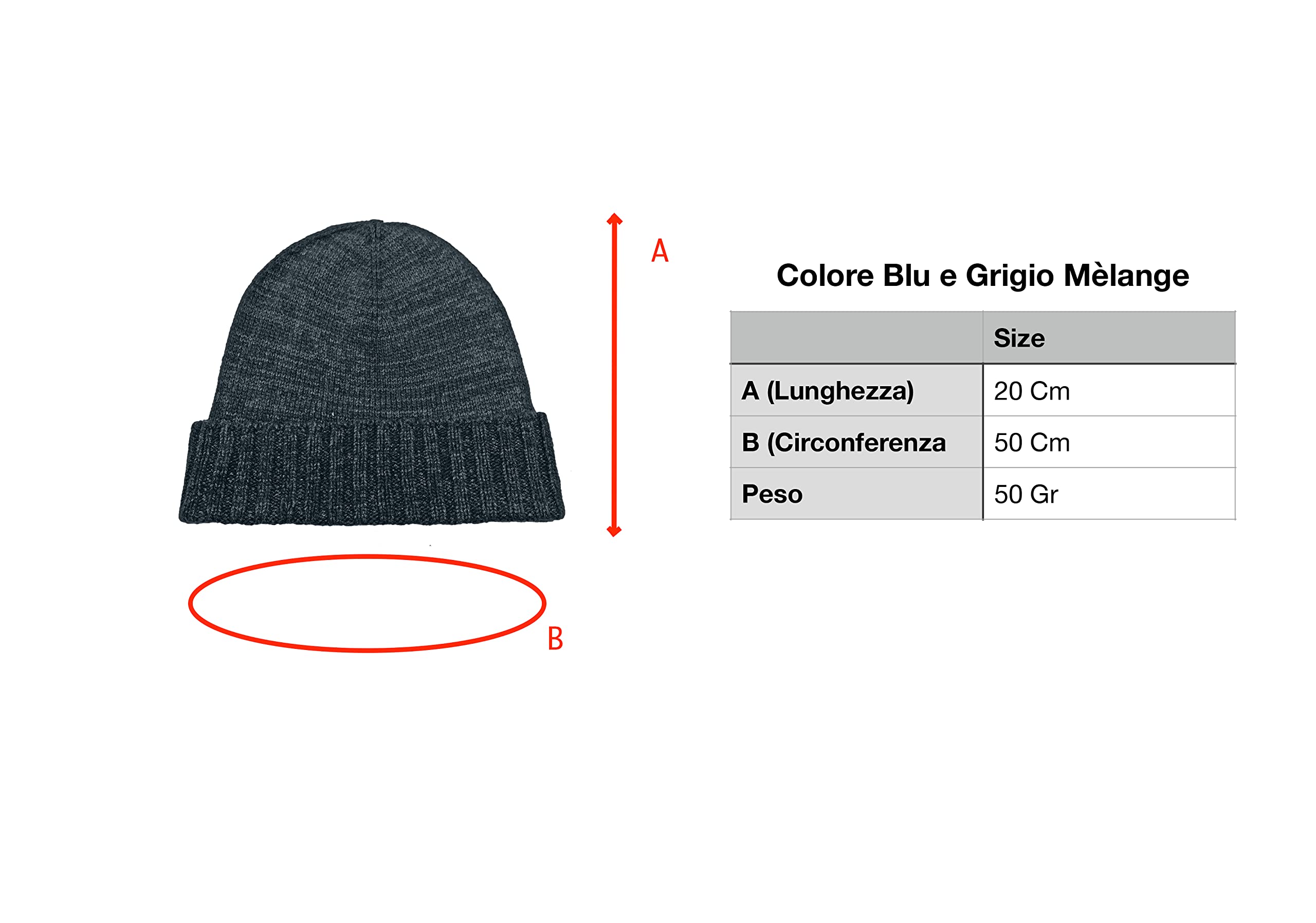 CLASSE77 – Gorro de lana (70%) mezcla de cachemira (30%) con solapas acanaladas – Unisex – 100% Made in Italy – Artesanal, Azul y gris jaspeado, Talla única