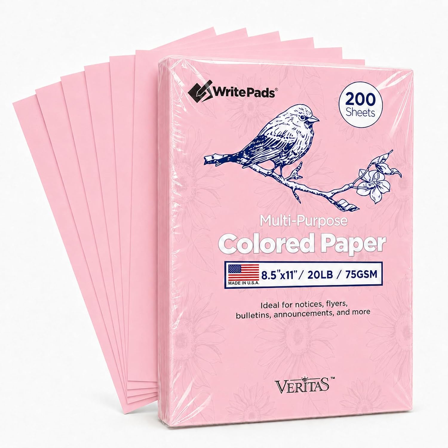 WritePads Veritas Pink Copy Paper, 8.5 x 11 Inches, 20LB/75GSM Colored Printer Paper, 200 Sheets, Multipurpose Paper for Laser and Inkjet Printers, Office and School, Made in USA