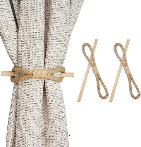 Alzapaños de cortina bohemios, 2 piezas de soporte rústico para cortina, cuerda de yute de algodón natural con palo de madera, alzapaños de cortina
