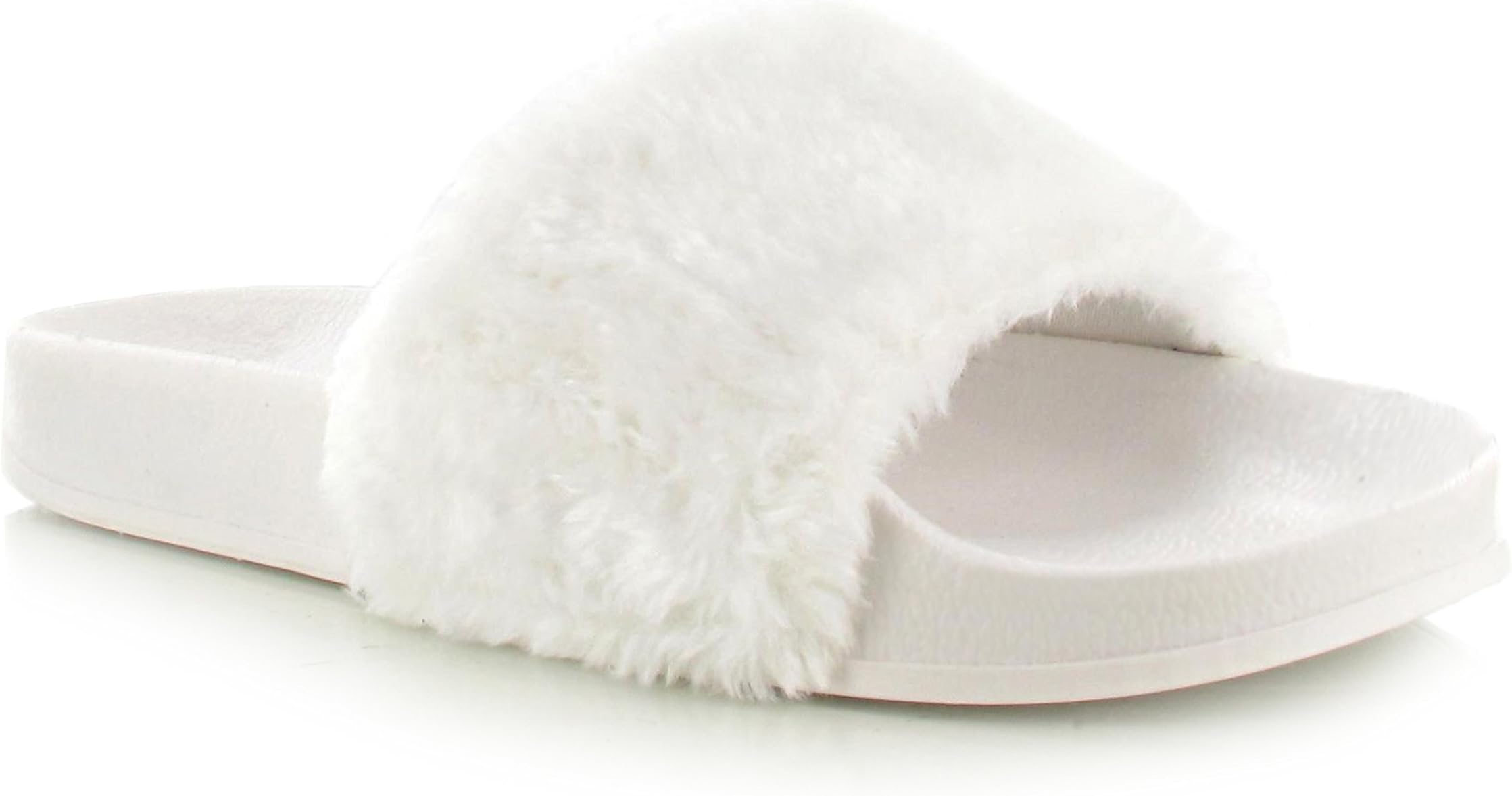 Chockers Shoes® Womens Ladies Bow Floral Diamante Faux Fur Pom Pom Wide Strap Thick Comfy Sponge Platform Sole Slip On Slider Sandals Shoe Sizes 3-8 UK