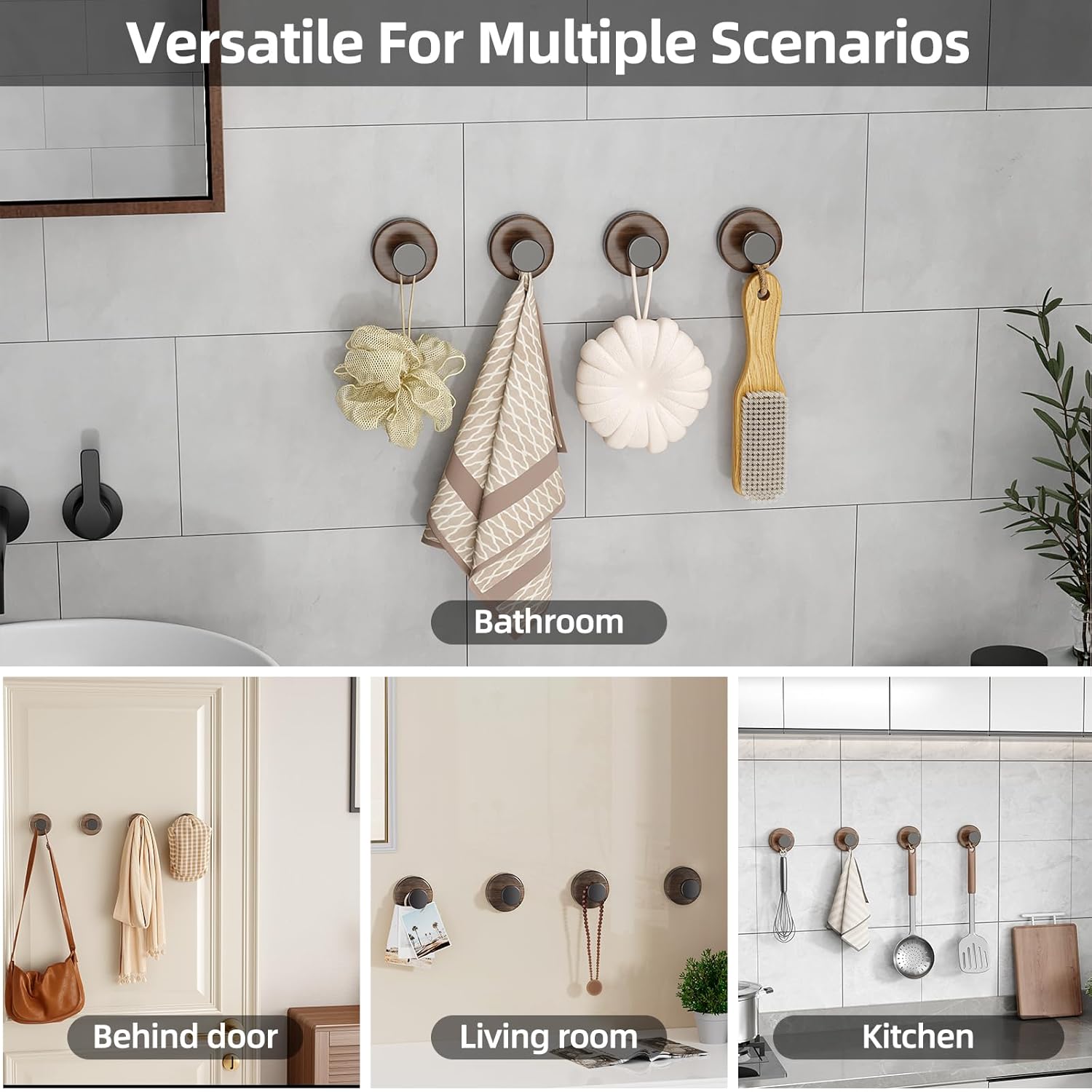Adhesive Towel Hooks for bathrooms, Suction Cup Hooks for Shower Drill-Free for Wall Closet Hook Organize Kitchen, Entryway, Doors, Cabinets on Smooth Surfaces(Wood Color,4 Pack)