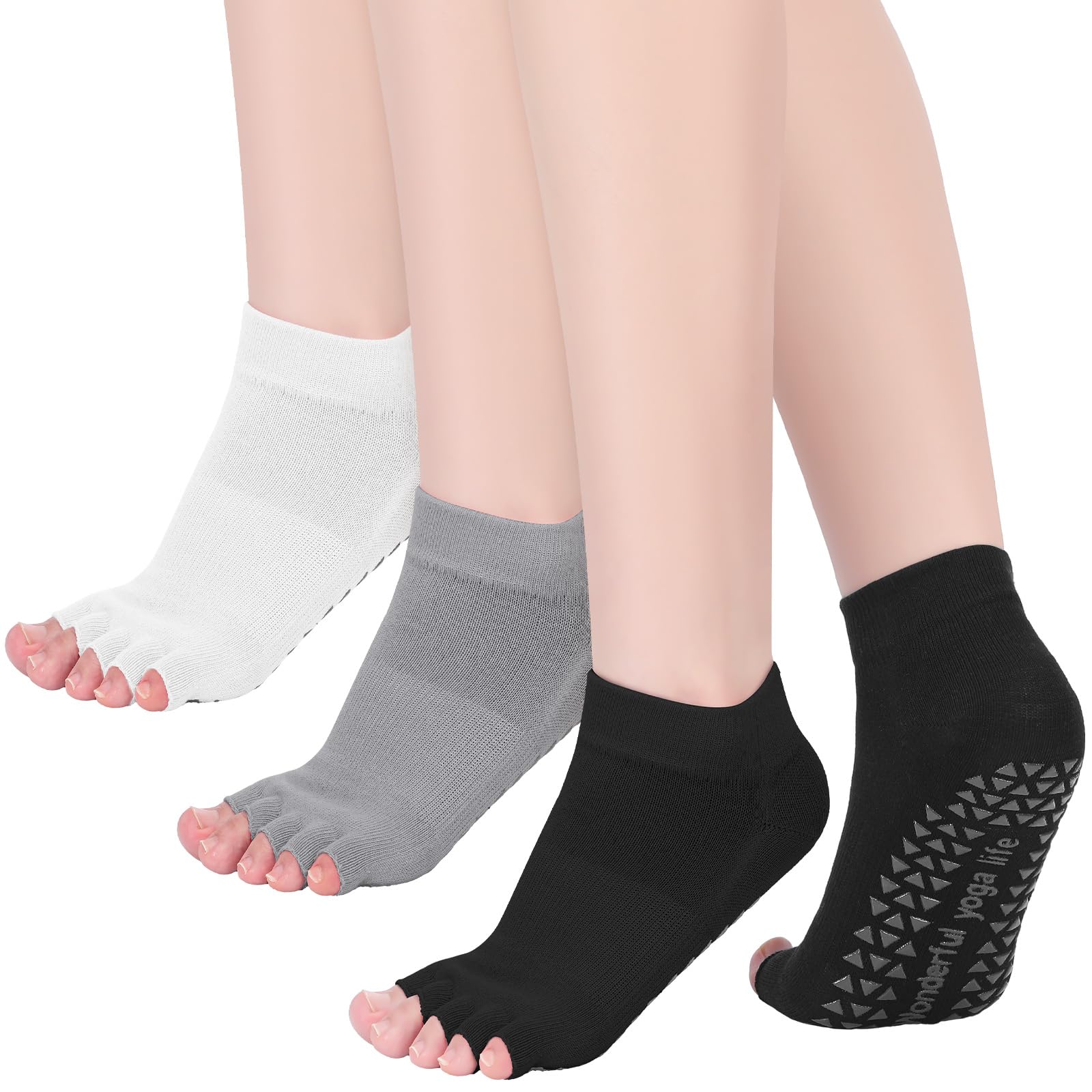 Mepase 3 Pairs Toeless Pilates Socks for Women Non Slip Open Toe Yoga Socks with Grips for Barre Dance Studio Size 5-9