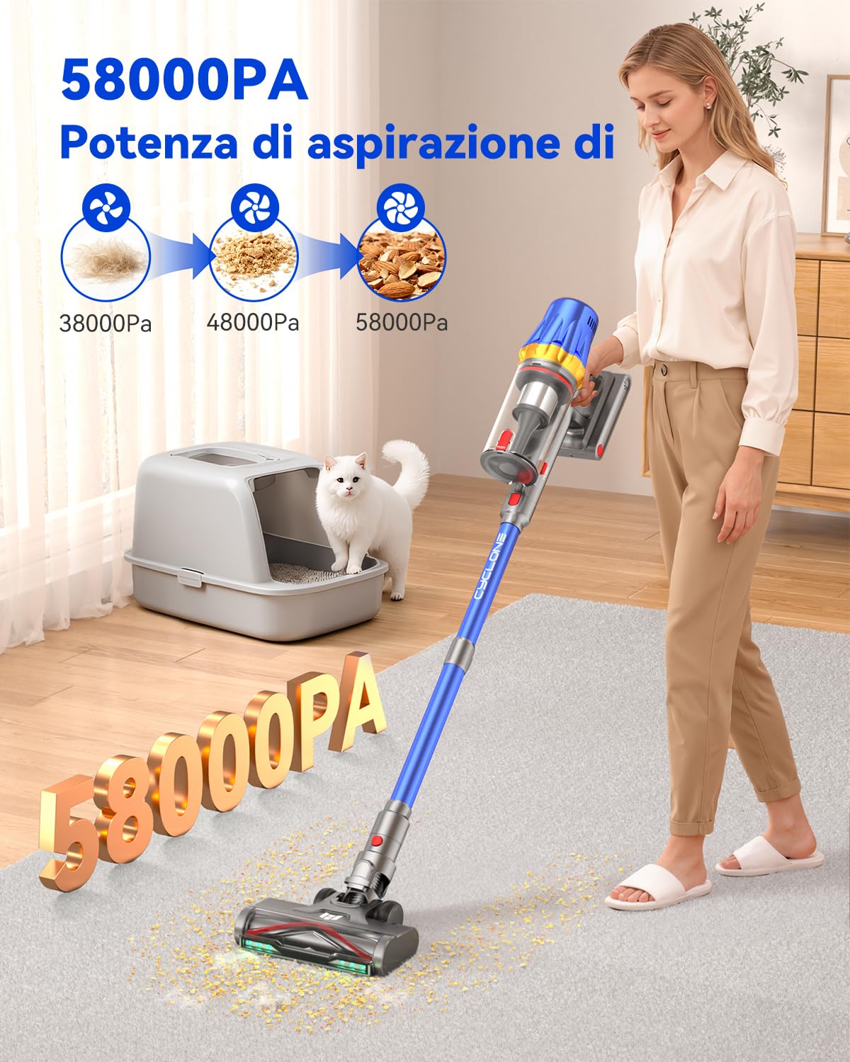 H9 Aspiradora Sin Cable, Aspiradora Potente 58Kpa/650W, 90Min Autonomía, Pantalla Táctil LED, Autoportante, Cepillo Antienredos para Suelos/Alfombras/Pelo de Mascotas, Azul