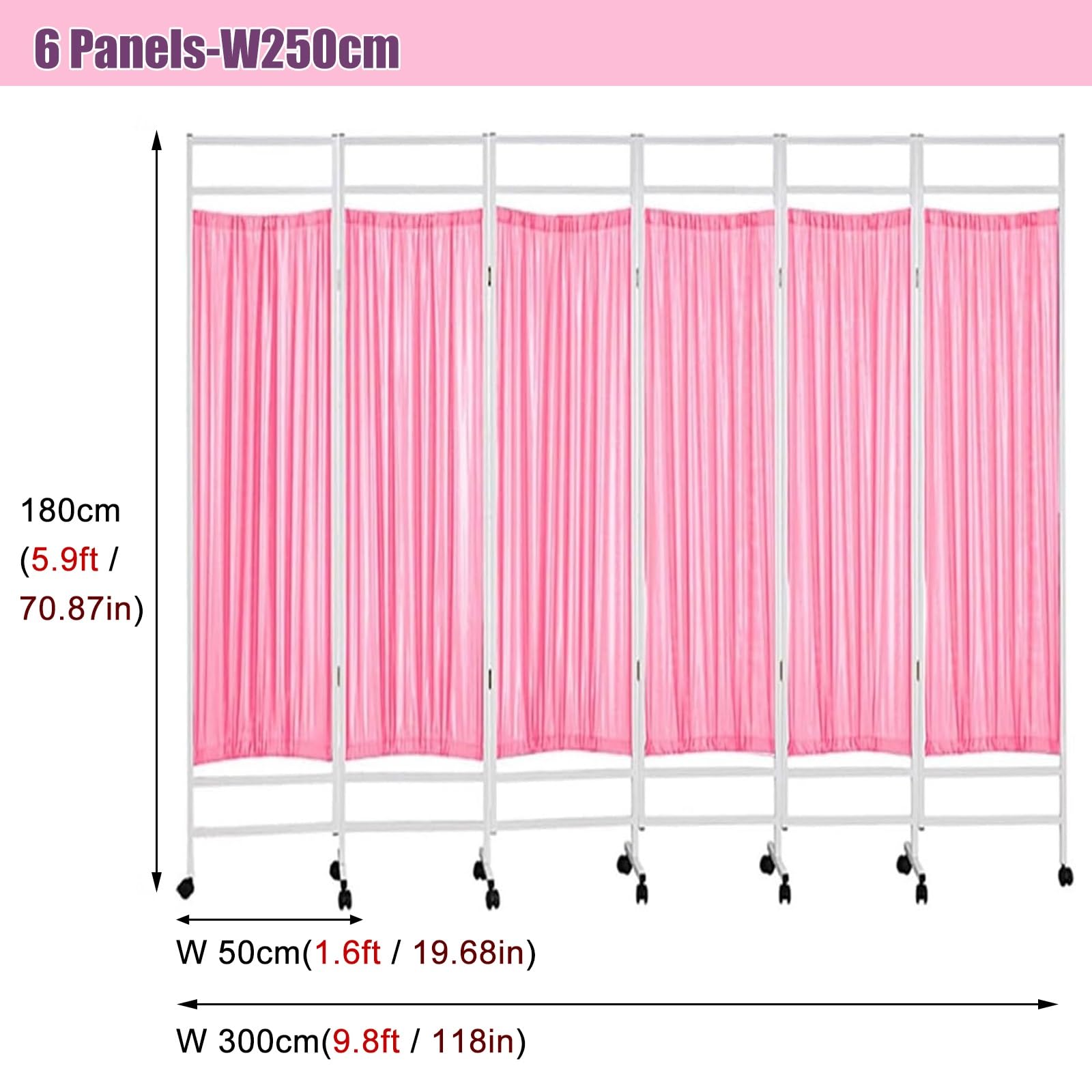 3/4/5/6 Panels New Version Medical Privacy Screen, Pink, Mobile Partition Screen for Nursing Home/Hospital Room/ICU Monitoring, Metal Frame Bed Partition (Color : Pink, Size : 4 Panels-W200c