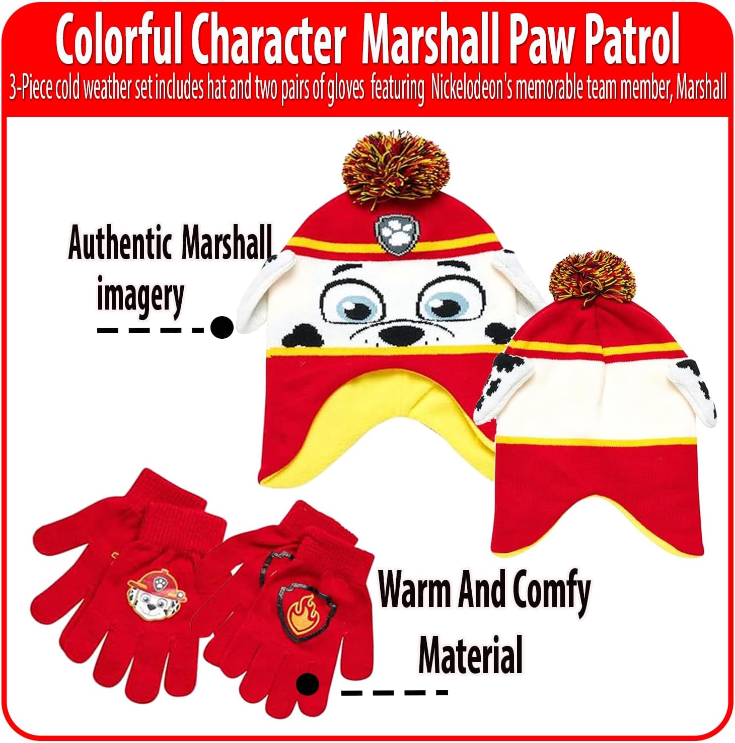 Nicklelodeon Paw Patrol Boy's Winter Hat and 2 Pair of Gloves or Mittens Set (Toddler/Little Boys) Size Age 4-7, Paw Patrol Marshall Glove with Handwarmers - Image 5