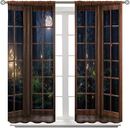 Miniatura 8 de Cortinas de paisaje de bosque oscuro con brillo mágico, luces nocturnas mágicas de fantasía, cortinas opacas con bolsillo para barra, cortinas para
