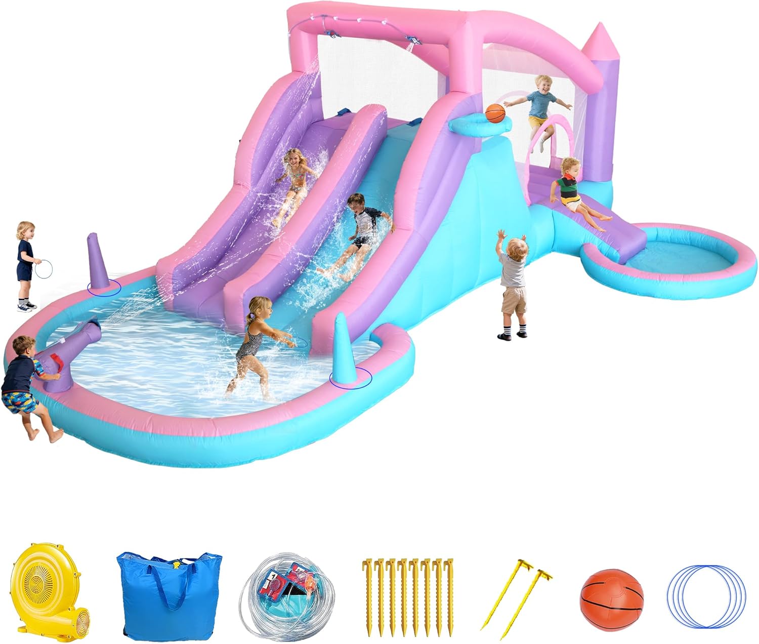 9-in-1 Inflatable Water Slide Bounce House 3 Slides Splash Pool Water Cannon Ball Pit Basketball 520W Blower 197x148x75 Inches Backyard Water Park for Kids Ages 3-8