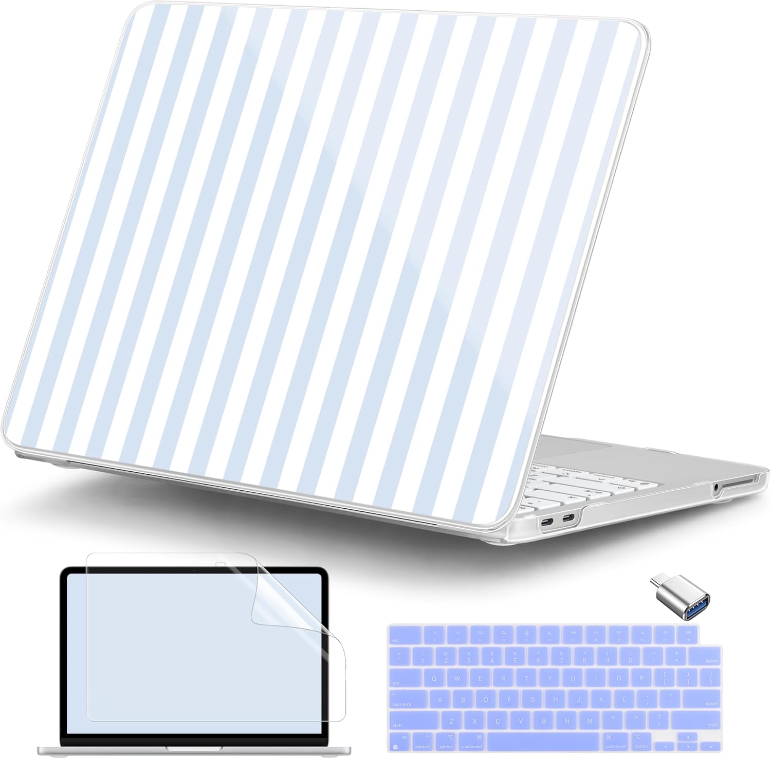 DONGKE for MacBook Neo 13 Inch Case 2026 (Model A3404, A18 Pro chip), Stylish Pattern Protective Hard Shell with Screen Protector, Keyboard Cover & USB-C Adapter - Blue & White Stripes