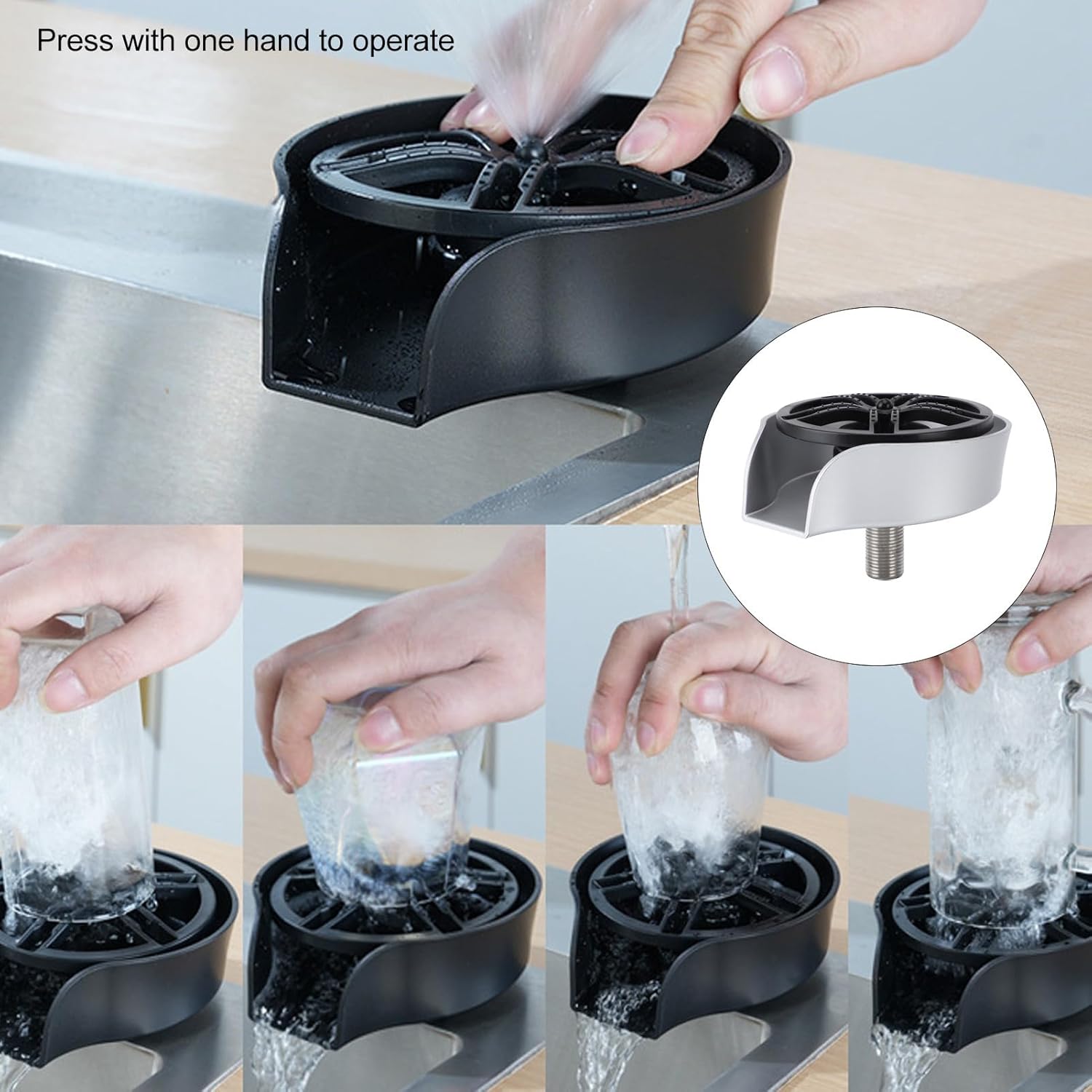 Zerodis Rotating Cup Washer, Pull Out Glass Rinser with Hose, Tee Joint, G1/2 Male Thread, ABS, Stainless Steel, for Kitchen Sink, Teahouse, KTV (Silver ABS Basin US 9/16 Hose)