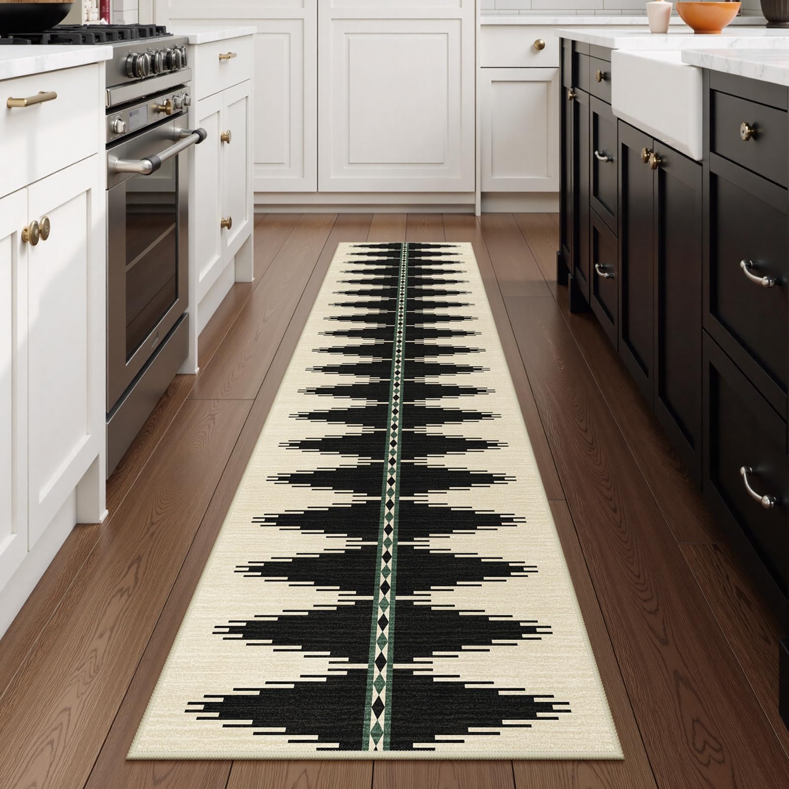 Lahome Modern Carpet Runners for Hallway 8ft, Long Kitchen Runner Rugs Non Skid Washable Ultra-Thin Floor Runner, Geometric Print Non Silp Soft Black