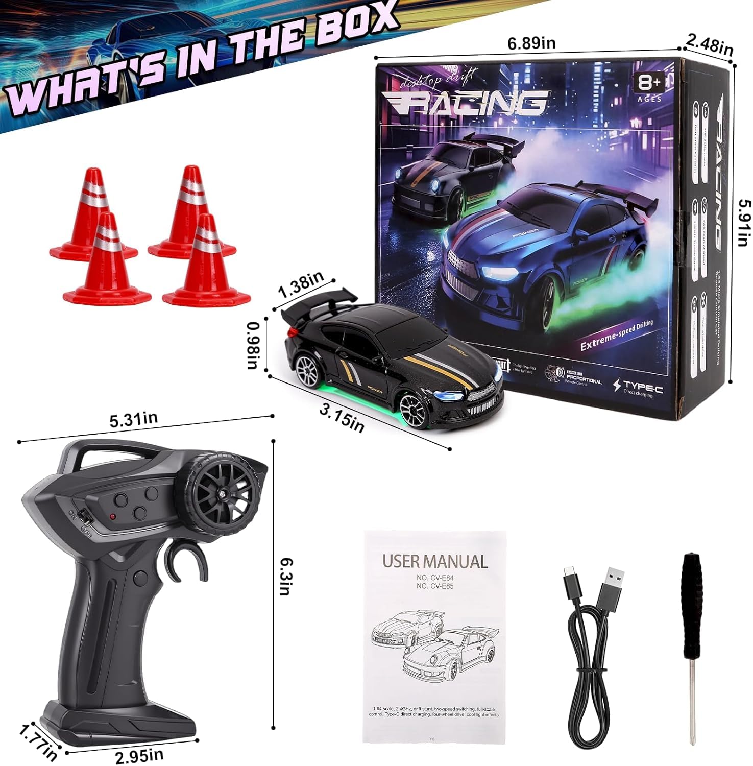 Umikk 1:64 Mini RC Drift Car mit LED-Beleuchtung, Allradantrieb (Stil 3) | 2,4 GHz Mini-Ferngesteuertes Driftauto mit 4 Hindernissen und 2 Geschwindigkeitsmodi, Geschenke für Kinder und Erwachsene