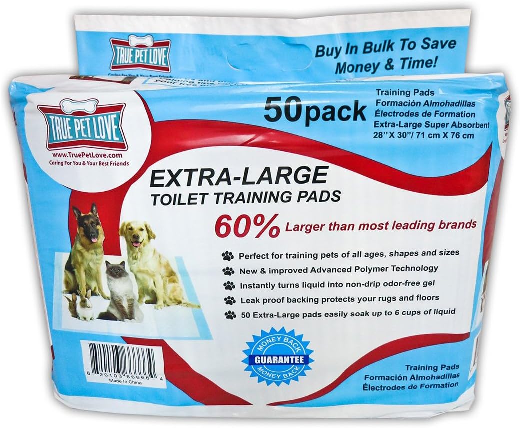 True Pet Love 50 Extra Large Pet Training Wee Pads - Housebreaking Potty Pads for Small to Large Dogs Stuck Indoors - XL 28” X 30” Piddle Pads - Waterproof Puppy Pads - 50 Odor Control Pee Wee Pads