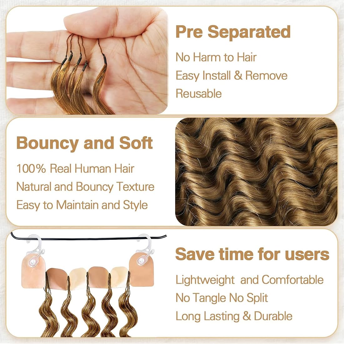 Capelli umani ondulati all'uncinetto, con piume pre-separate, leggere, riutilizzabili, 50 g, #27 biondo miele, 35,6 cm