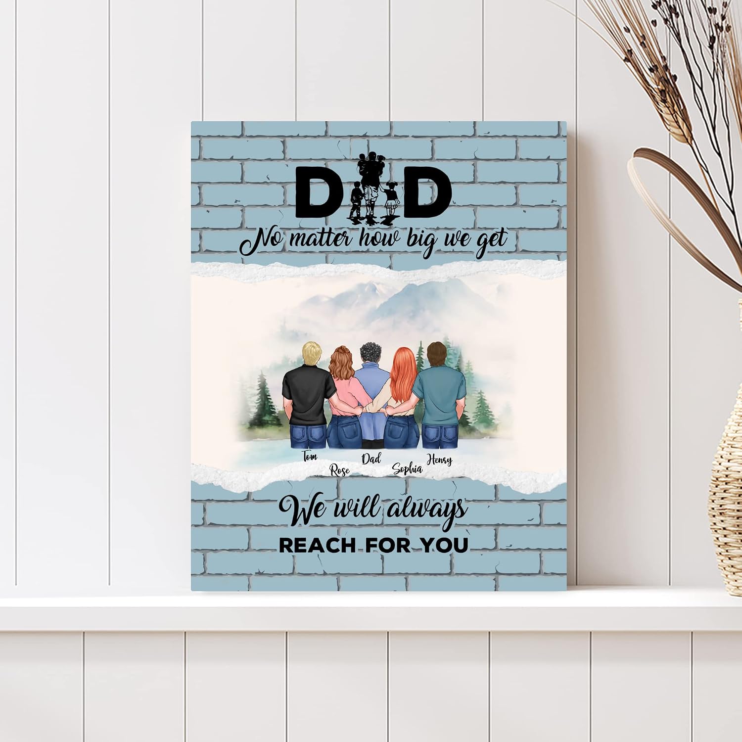 GOSSBY Personalized Custom Canvas (4 Children - 2 Girls 2 Boys) Dad No matter how big we get we will always reach for you Gifts Custom Canvas Canvas Print, Father's Day Canvas, Father's Day Gift, Pers
