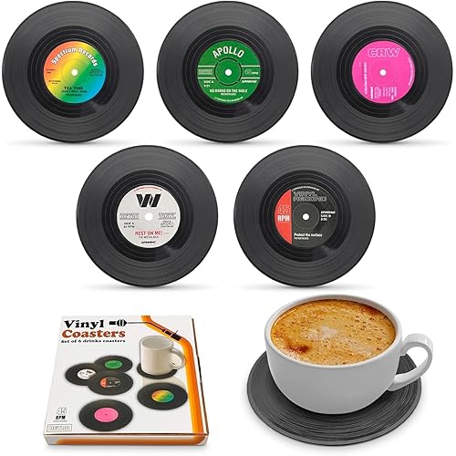 Vinyl Record Coasters – Vinyl Coasters Set of 6 Retro Music Theme, 4.1″ Diameter, Durable & Lightweight Material – Records Decor for Coffee Table, Kitchen & Bar, Functional Retro Gift for Music Lovers