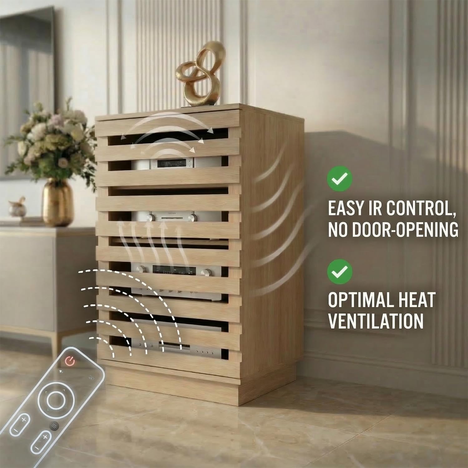 holzart Modern Slatted Wood Audio Component Cabinet, 4-Tier Stereo Equipment Rack Media Stand with Ventilated Door & Cable Management, Oak Finish 35.4" Tall