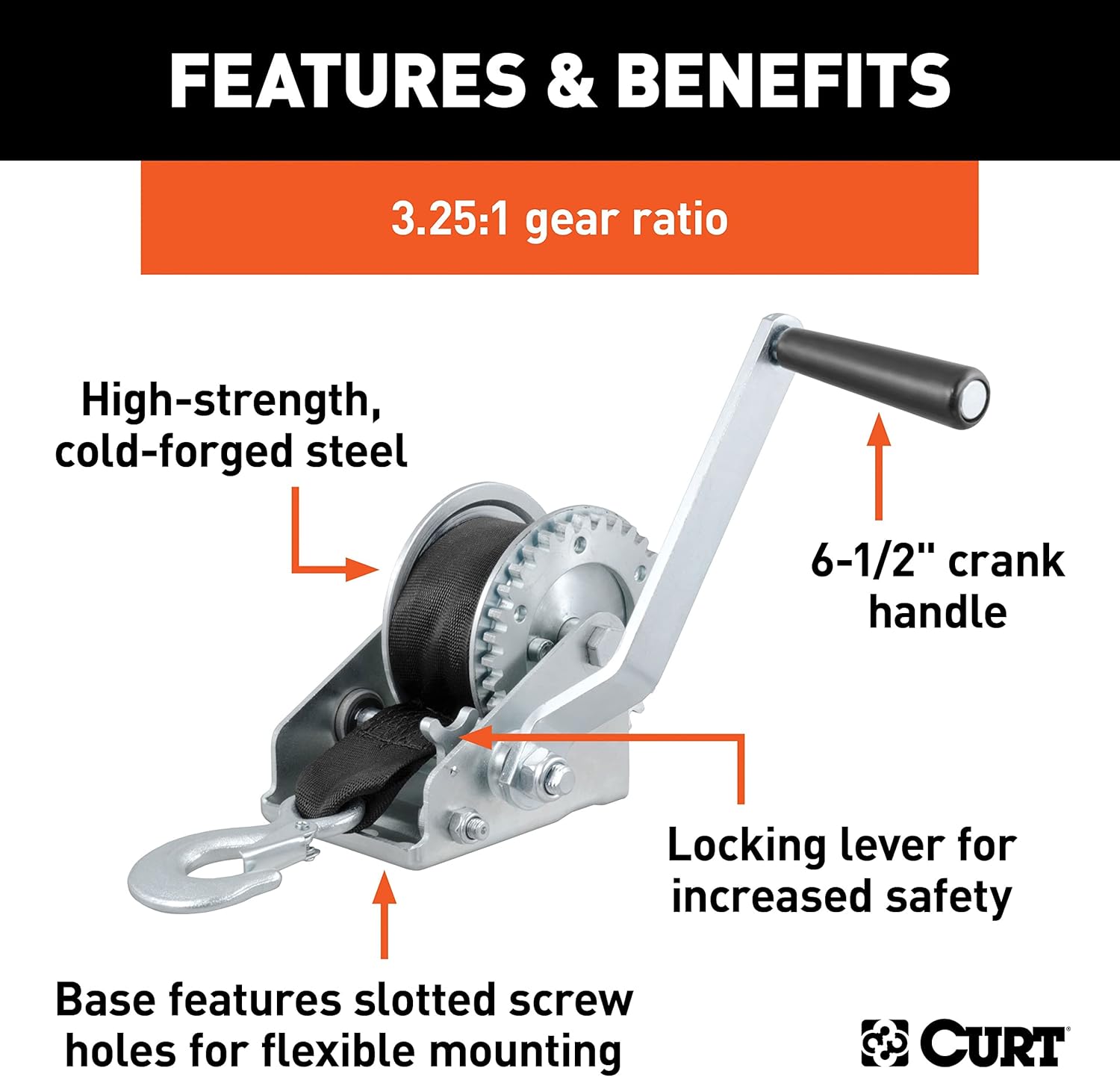 CURT 29433 Manual Hand Crank Boat Trailer Winch, 900 lbs Capacity, 6-1/2-In Handle, 3.25:1 Gear Ratio, 15' Strap