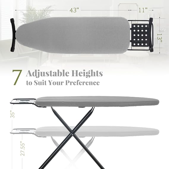 RAINHOL Full Size Ironing Board, Gray 54 x 13 in, Sturdy & Foldable | Sturdy Steel Mesh Top, Foldable Space-Saving Design, 7-Level Height Adjustment, Iron Rest, Heat-Resistant Ultra-Thick Padding