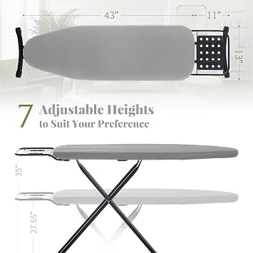 RAINHOL Full Size Ironing Board, Gray 54 x 13 in, Sturdy & Foldable | Sturdy Steel Mesh Top, Foldable Space-Saving Design, 7-Level Height Adjustment, Iron Rest, Heat-Resistant Ultra-Thick Padding
