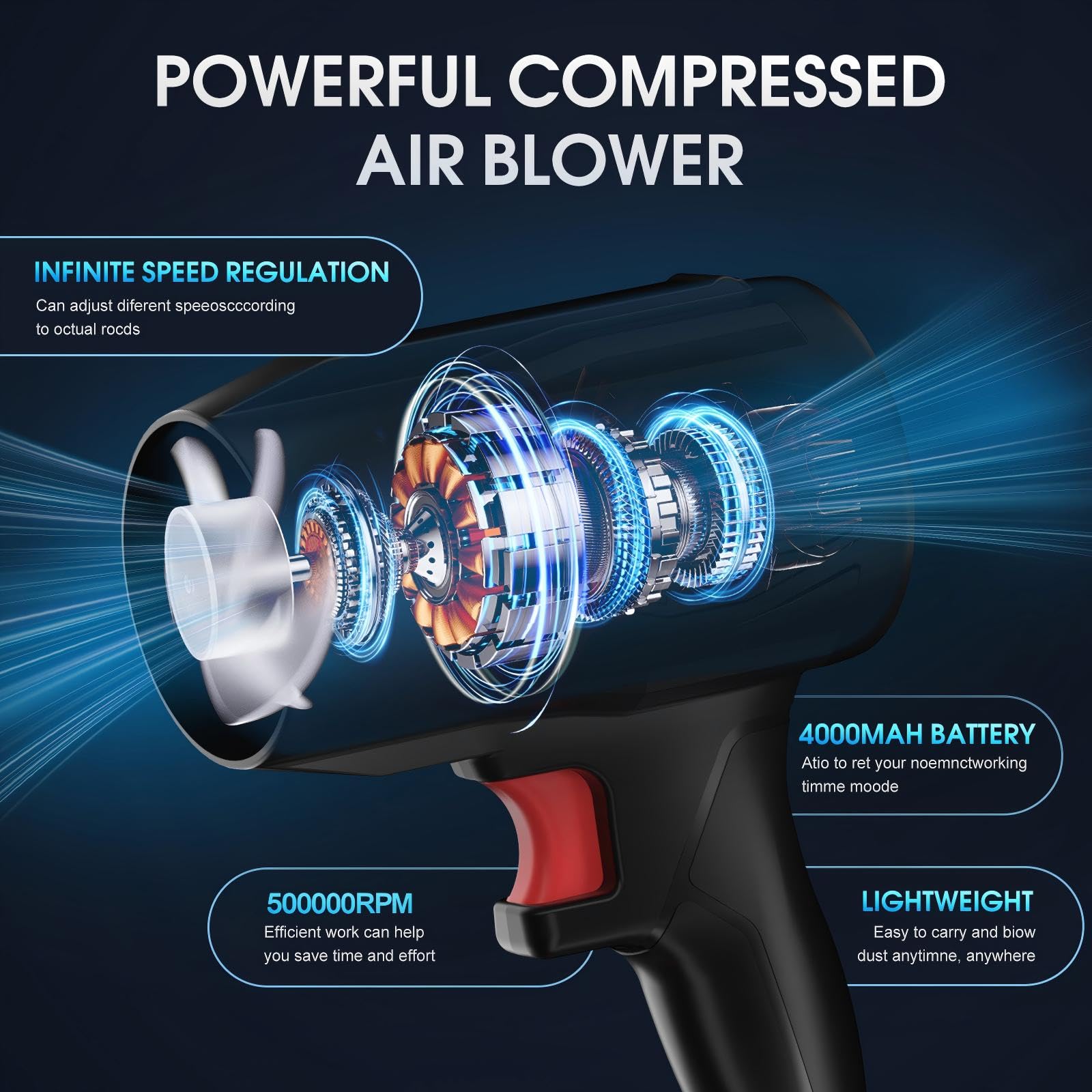 Cordless Leaf Blower,21V Electric Handheld Leaf Blower,with 2×4.0Ah Batteries & Fast Charger,500000RPM Blower for Patio Cleaning, Lawn Care, Blowing Leaves and Dust - Additional View