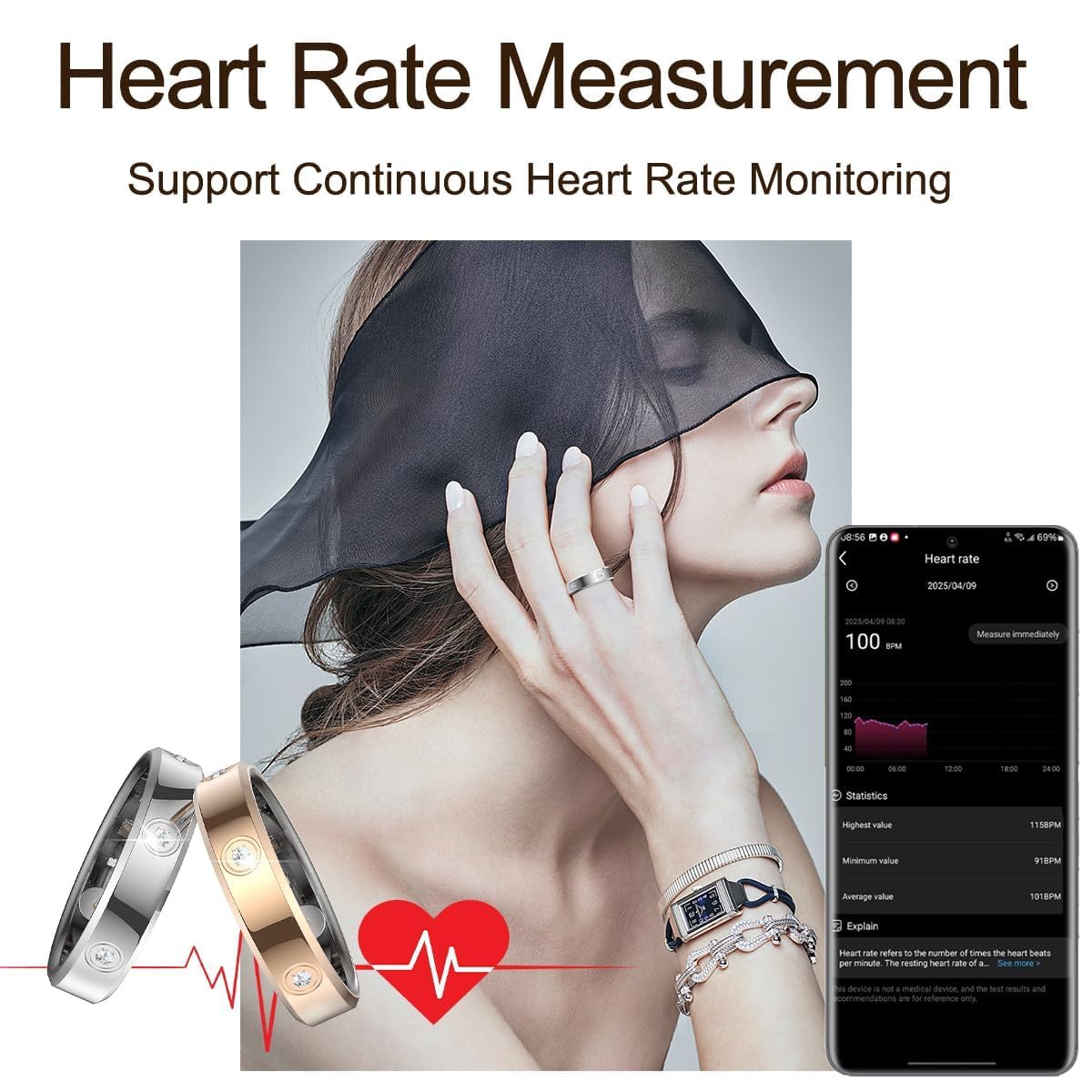 findtime Smart Ring - Anneaux de fitness ultra étroits - Moniteur de fréquence cardiaque - Moniteur de sommeil - Oxygène dans le sang - Moniteur de santé - Compteur de pas de calories - Podomètre