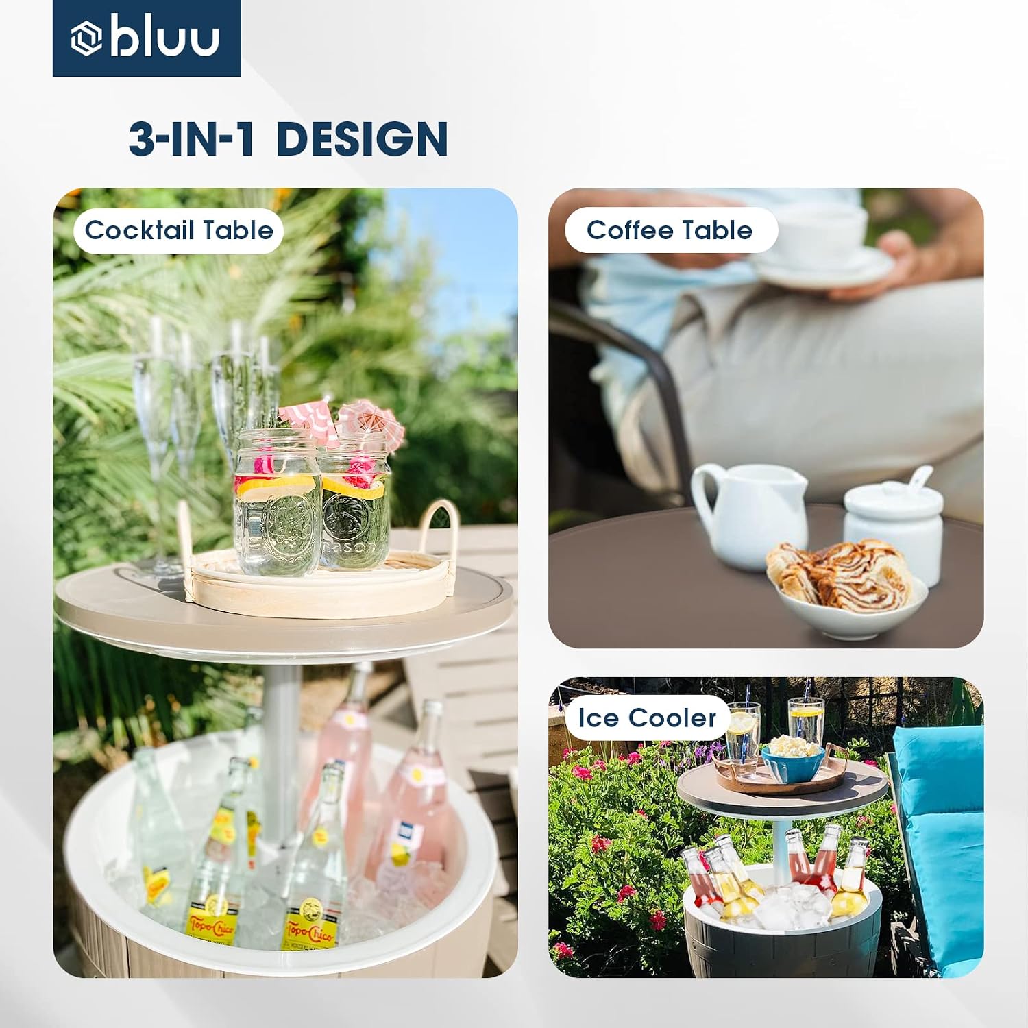 BLUU Outdoor Patio Cooler Bar Table | Adjustable Height| 3-in-1 Combines Cooler, Cocktail Table and Coffee Table | Waterproof & Steady Grey with 9.8 Gallon ｜4 Champagne Glasses Included.