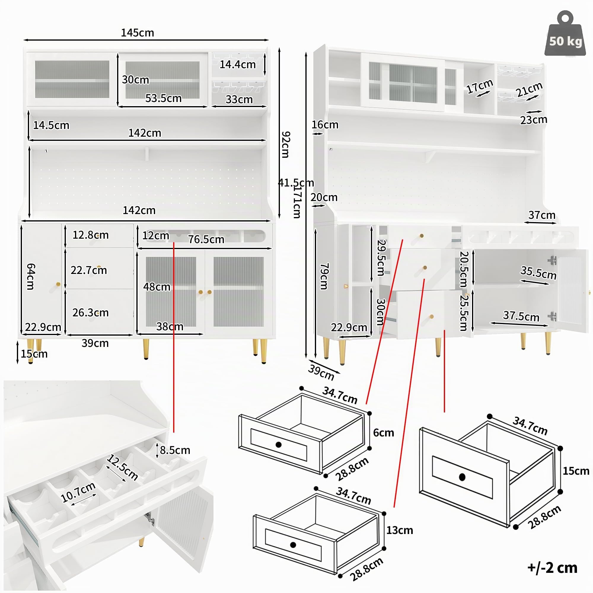Alacena de Cocina Armario Alto Cocina con Iluminación LED y USB, Mueble Auxiliar de Comedor con Botellero y Cajones, Aparadores Salon, Buffet Comoda, 145x39x171 cm, Blanco