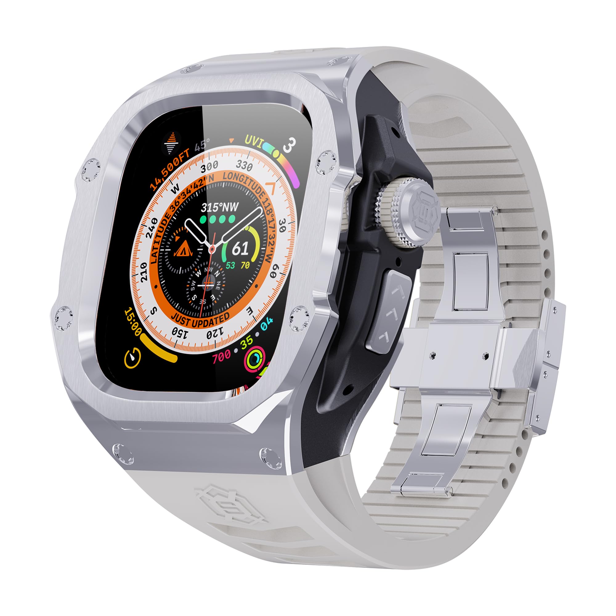 VeveXiao Wytrzymałe etui z paskiem kompatybilne z Apple Watch Ultra 2 paski 49 mm, metalowa osłona ochronna z wymiennym paskiem z gumy fluorowej do zegarka iWatch Ultra 49 mm, pasek męski