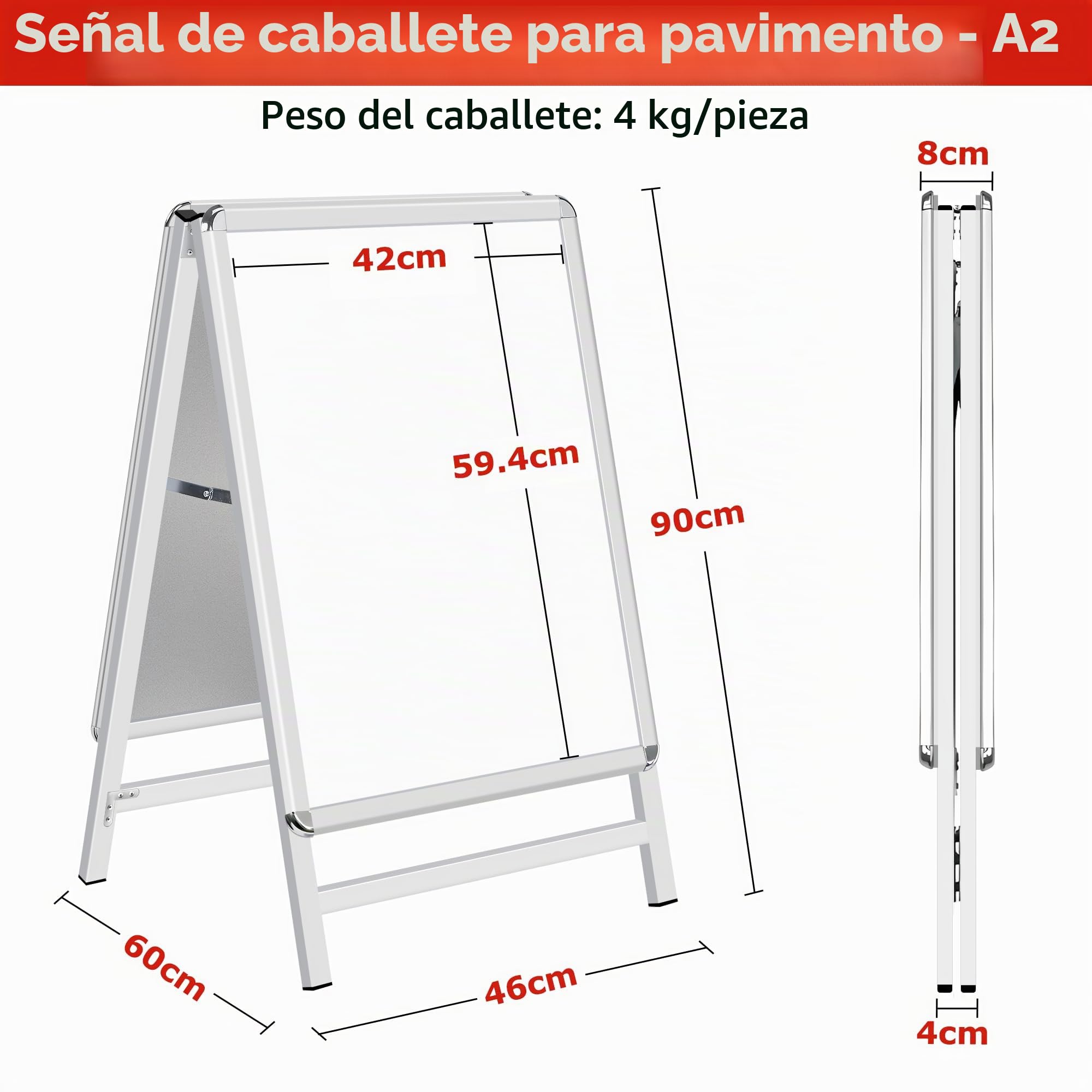 A Board Pavement Sign Frame - A2 tablero del pavimento de doble cara con aluminio Snap Frame Sign Stand para al aire libre Heavy Duty Cartel Menú Stand Publicidad Display Stand, Plata