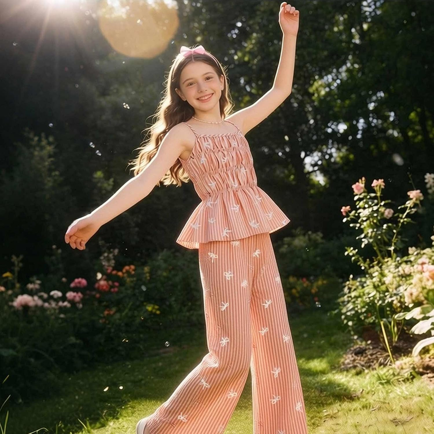 Girls Bowknot Graphic Clothing Set Spaghetti Strap Ruffle Tank Top High Elastic Wide Leg Pants Vacation Summer Outfit