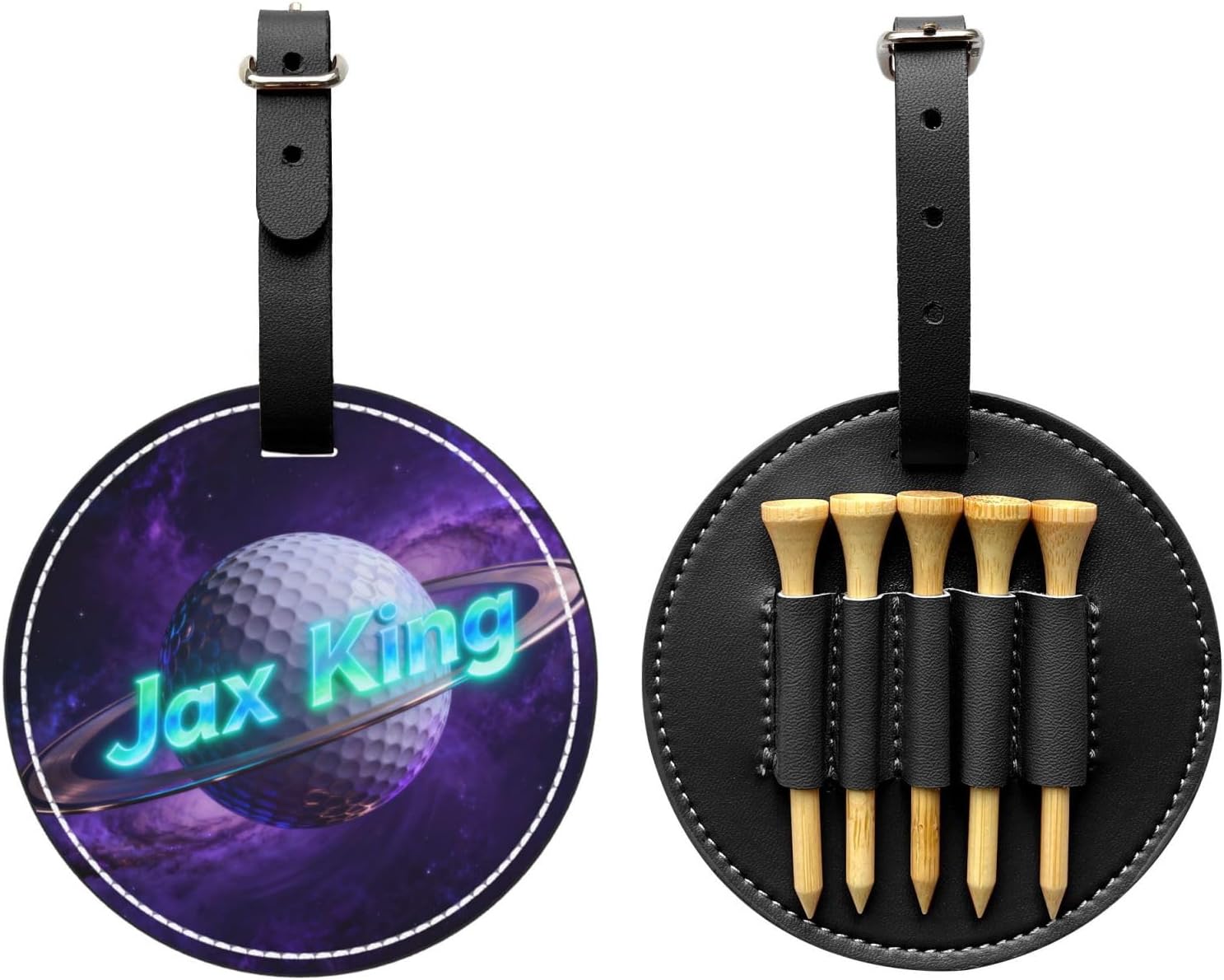 JugJug Personalized Golf Bag Tag with Tee Holder - Custom Name Galaxy Planet Golf Ball Design - PU Leather Golf Accessories and Gifts for Men Women Golfers