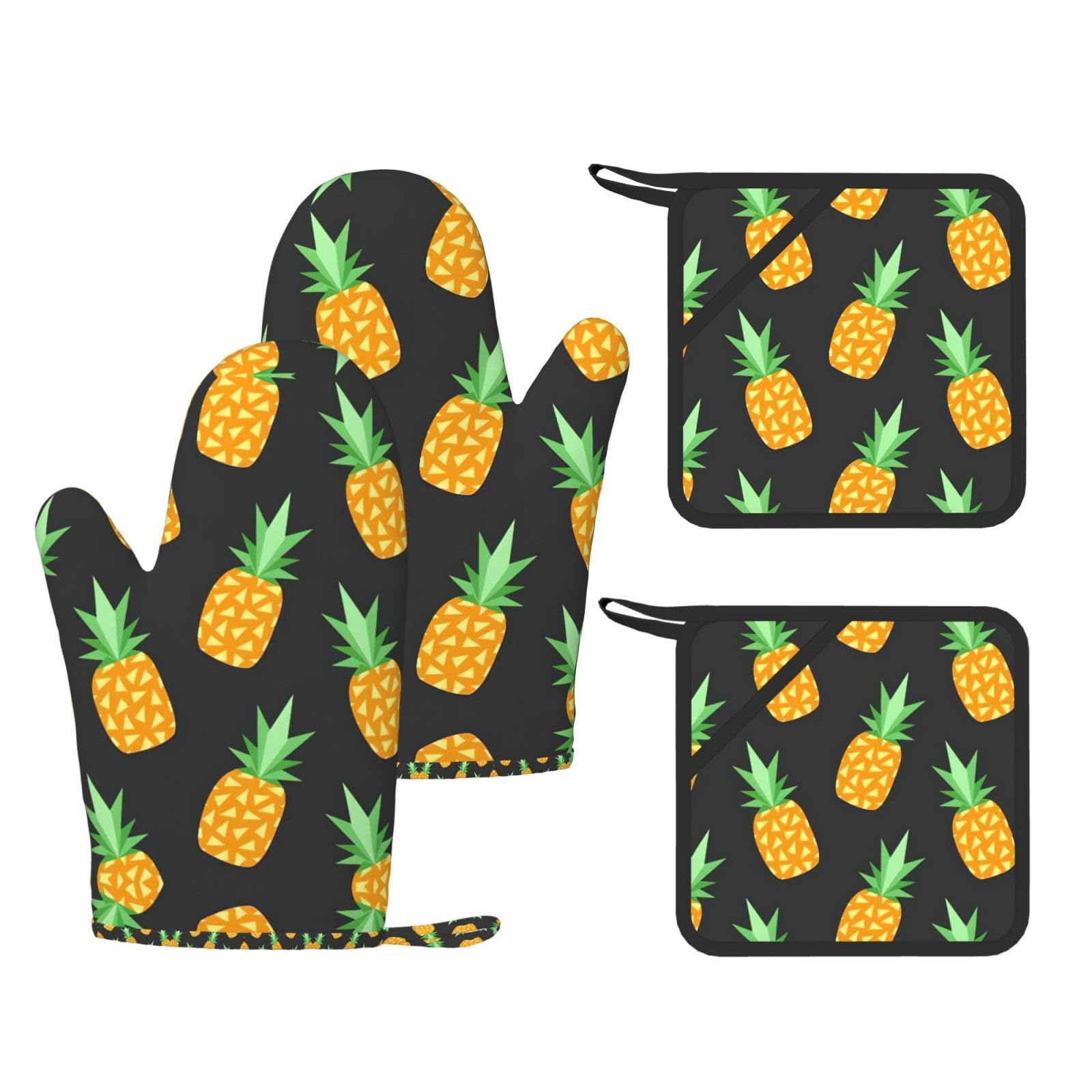 Pineapple Printed Pot Holders and Oven Mitts 4-Piece, Non-Slip Kitchen Gloves with Utensil Pocket for BBQ