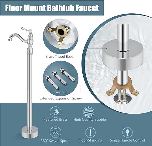 Miniatura 6 de Aolemi Llenador de bañera independiente polaco cromado giratorio solo función única sin rociador de mano monomando montaje en el piso grifo de