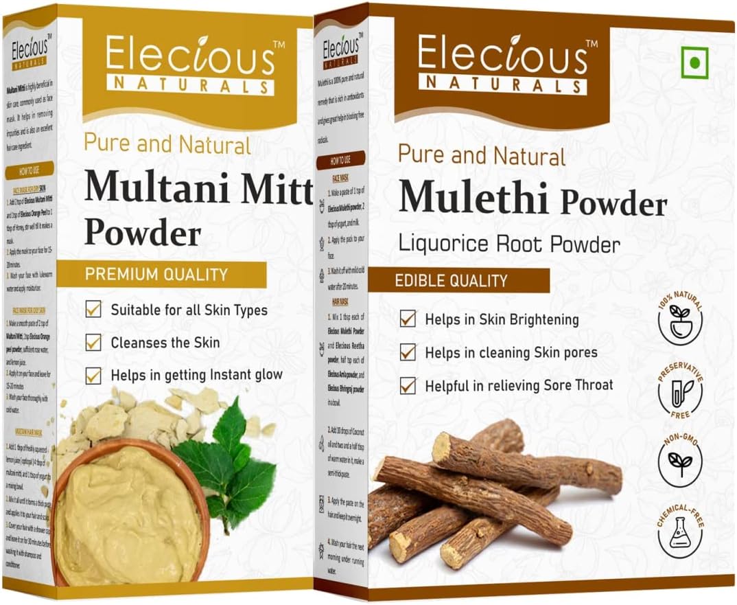 Elecious Mulethi Powder and Multani Powder Combo (200 grams + 200 grams) Ideal for skin, neck and hands | 100% Natural, Preservative-free
