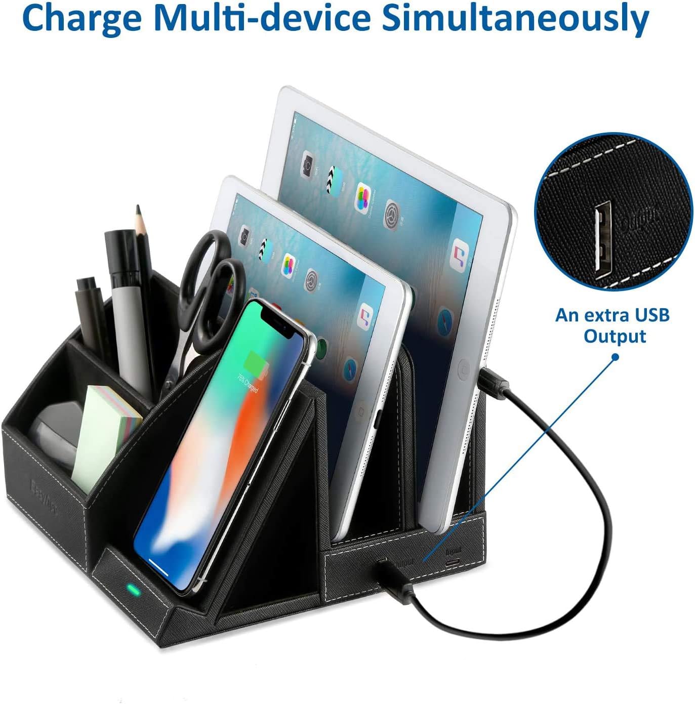 Image showing the EasyAcc Desk Organizer charging multiple devices simultaneously, including a smartphone wirelessly and two tablets via the extra USB output port.