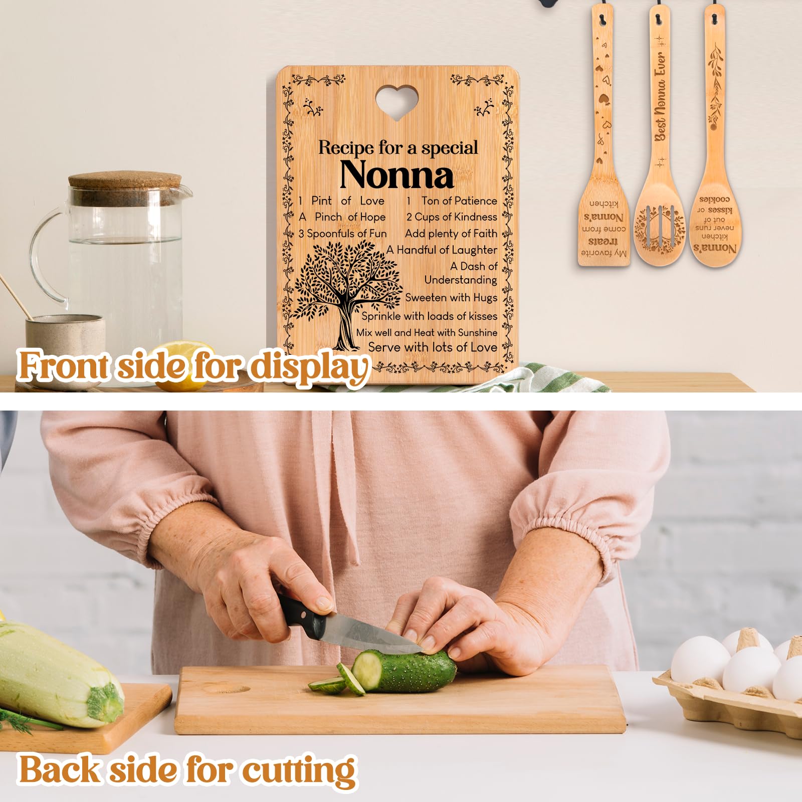 Nonna Gifts - "Recipe for a Special Nonna" Gifts for Nonna Cutting Board Set, Bamboo-Made Engraved Utensil Set Nonna Gifts for Grandma Cutting Board, Mothers Day Gifts for Nonna.