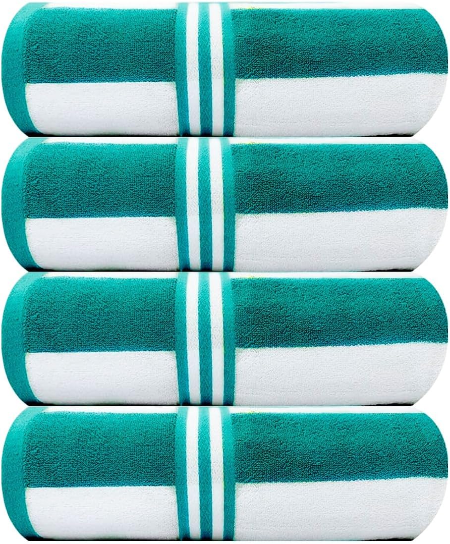 Organix Oversized Cabana Striped Beach Towel 36"x72", Large Highly Absorbent Towels, 100% Ringspun Cotton Bathroom and Pool Towels 4 Pack Adult Luxury Beach Towels Quick Dry Lightweight- Ramer Green