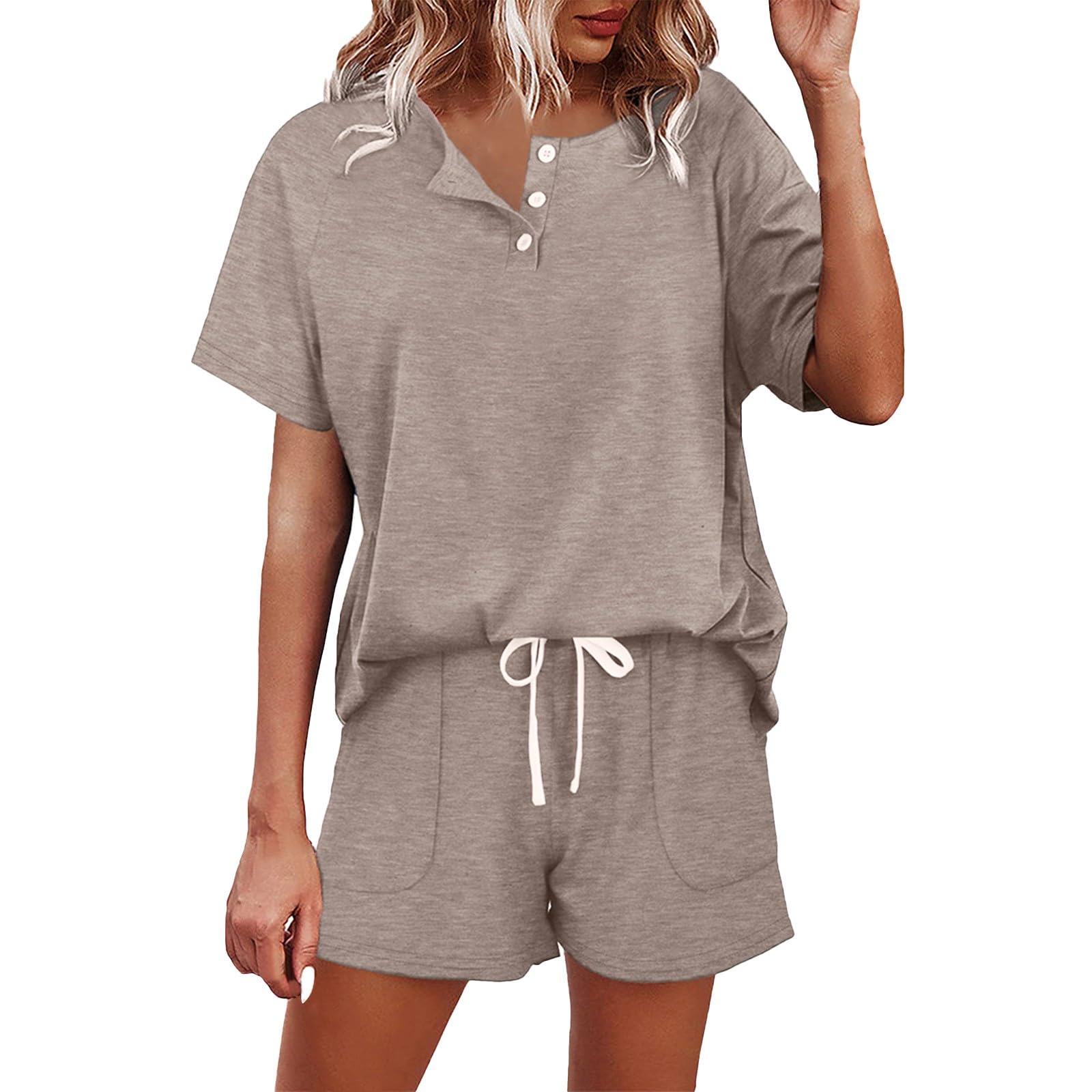 Generisch Conjunto de pantalones cortos de mujer de manga corta monocolor, parte superior con cordón, deportivo, dos piezas para atar para tiempo libre activo