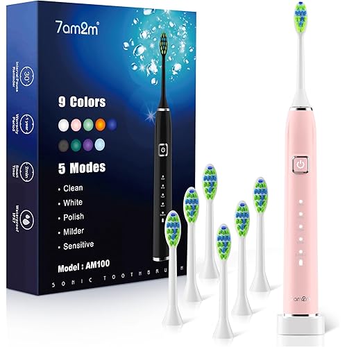 7AM2M Sonic Electric Toothbrush with 6 Brush Heads for Adults and Kids, One Charge for 90 Days, Wireless Fast Charge, 5 Modes with 2 Minutes Built in Smart Timer, Electric Toothbrushes(Pink)