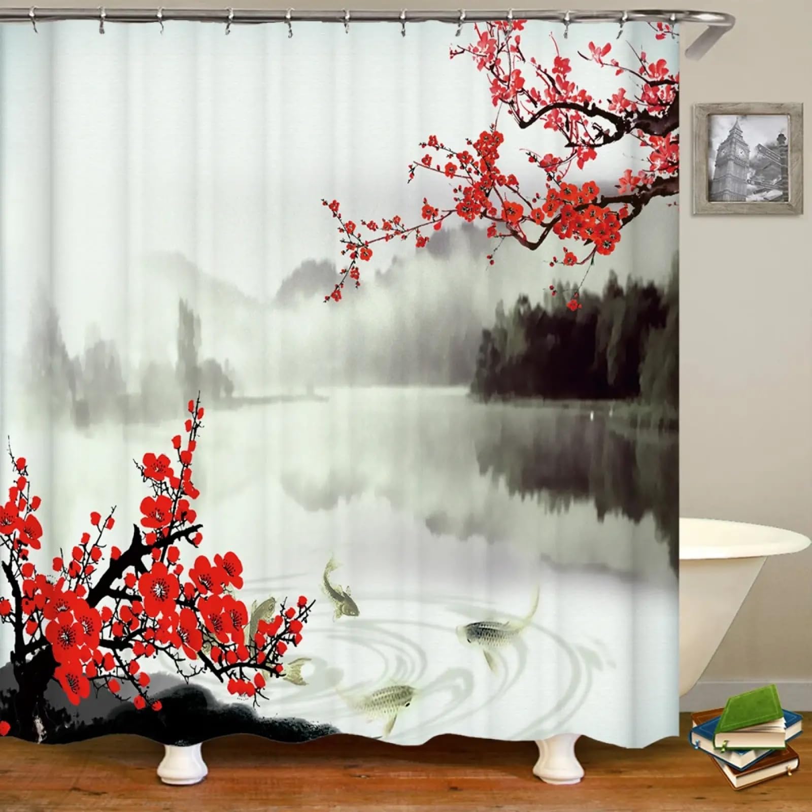 Rideau de douche peinture à l'encre fleur de prunier en polyester 160x220cm