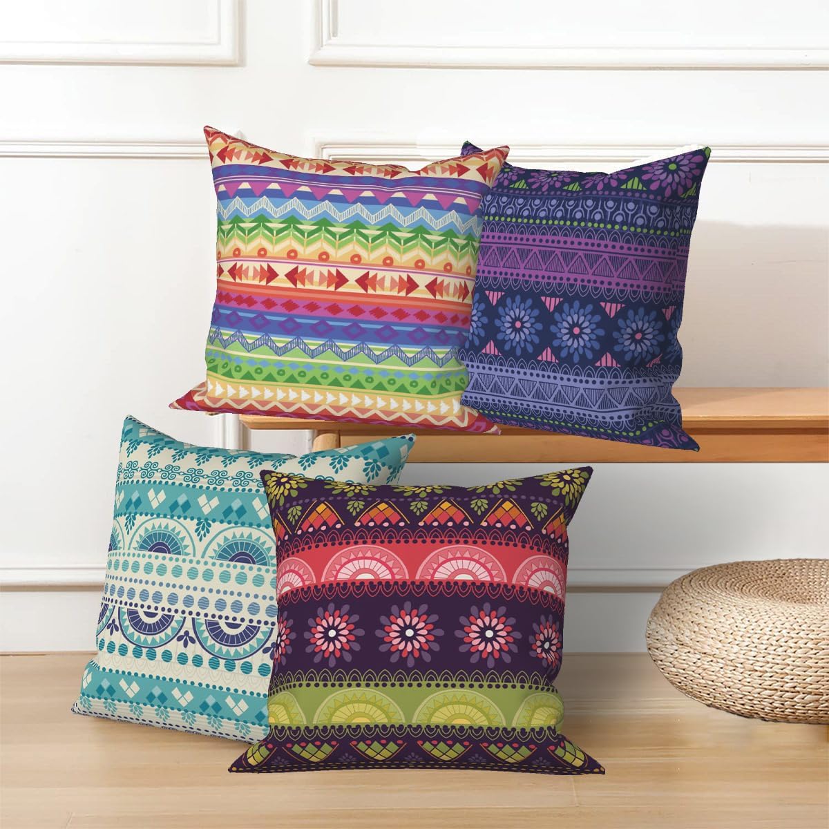 4 Pcs/Set Boho Pillow Covers Ethnic Bohemian Floral Geometric Colorful Flowers Retro Strips Multicolor Linen Throw Pillowcases for Couch Sofa Farmhouse Decoration, 18"x18" - Image 3