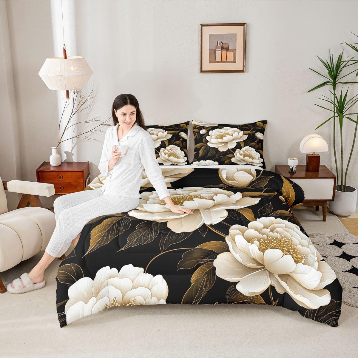 Erosebridal Peony Queen Comforter Set Botanical Floral Bedding Set Vintage Flowers Bed Set Garden Plants Blossom Quilt Set