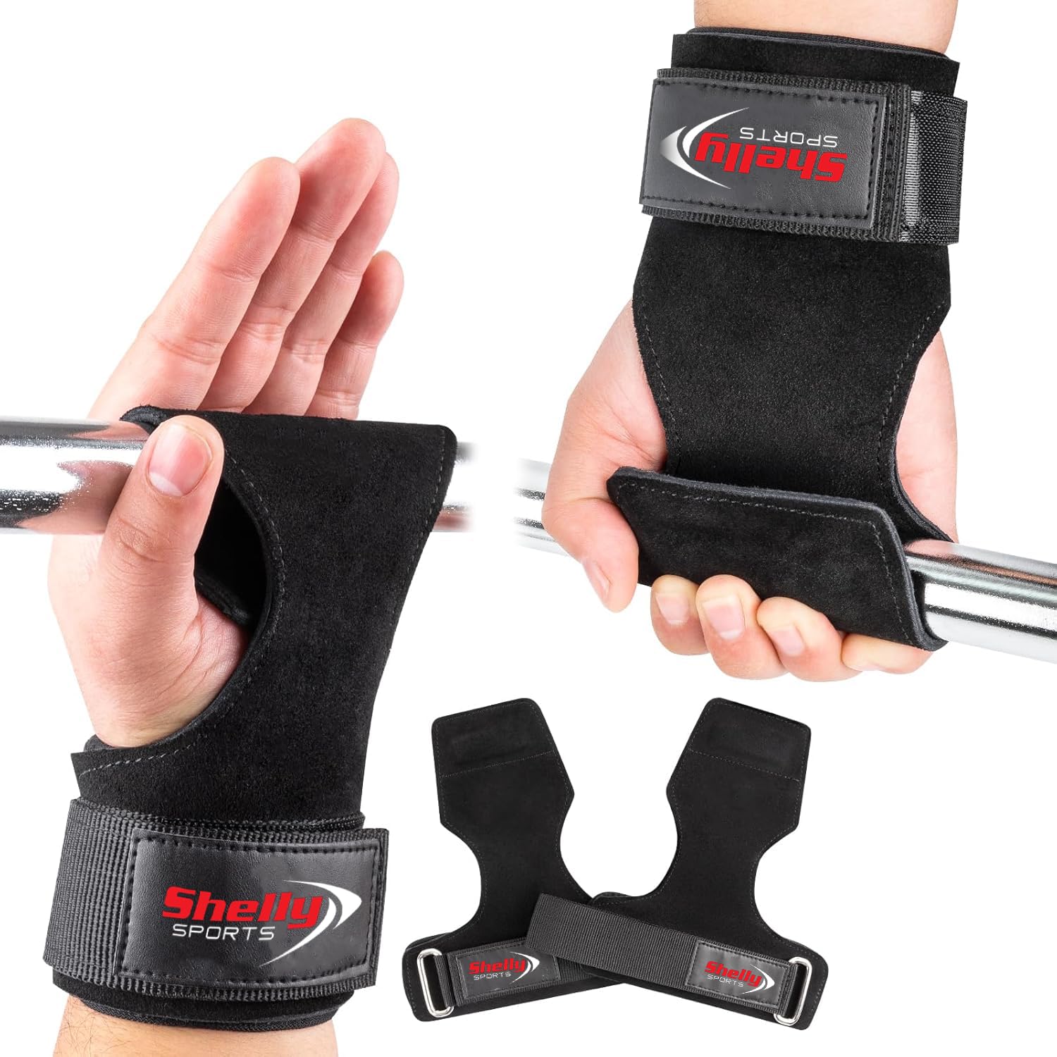 Shelly Grips PRO Multi Grip Straps/Hooks Premium Heavy Duty Weight Lifting Straps/Gloves Barbell Gymnastics Straps Alternative To Power Hooks Dead Lifts Neoprene Padded (Leather Black, Regular) — image 1