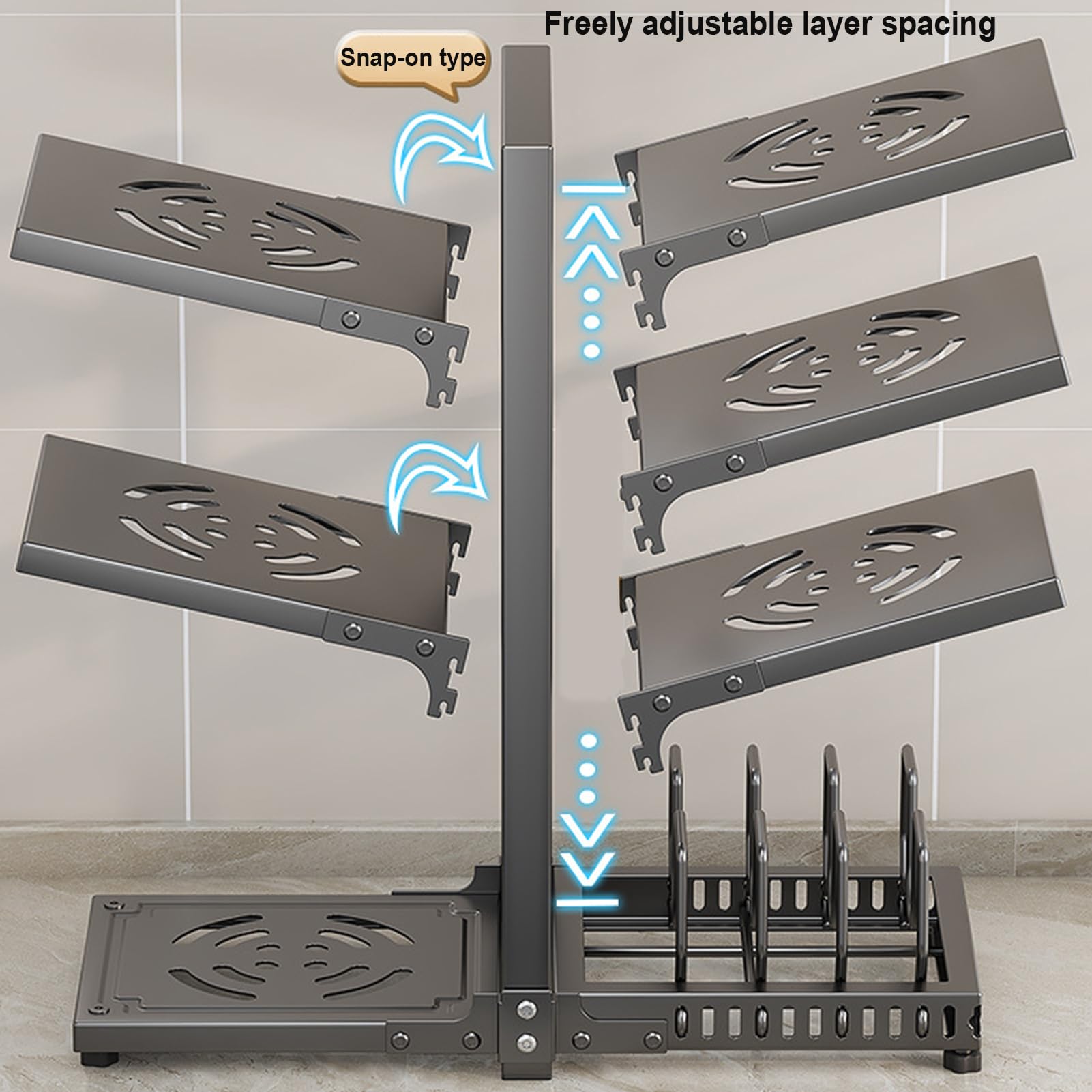 Kitchen Cabinet Organizer, 7-stöckig Pfannen Organizer mit Höhenverstellung, Hohe Beanspruchung Pfannenhalter mit Verstellbaren Topfdeckelstäben für Töpfe, Pfannen und Deckel